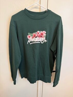 Bad Birdie Amateurs Dark Green Crewneck Sweatshirt with Pink Floral Logo Small
